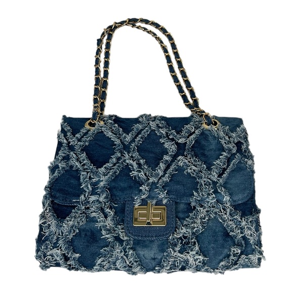 Dasein Bags Dasein Denim Blue Crossbody Chain Strap Raw Edge Diamond Distress Shoulder Bag